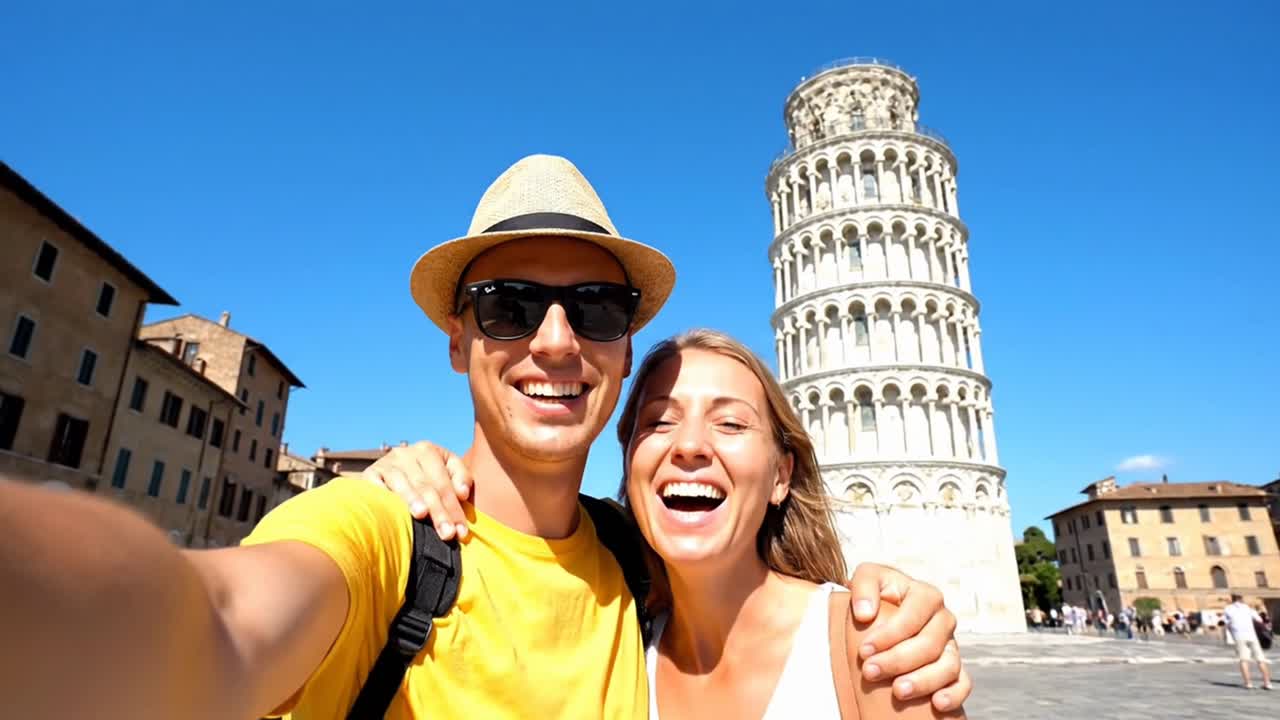 Coppia di turisti felici che si scatta un selfie con la Torre pendente di Pisa