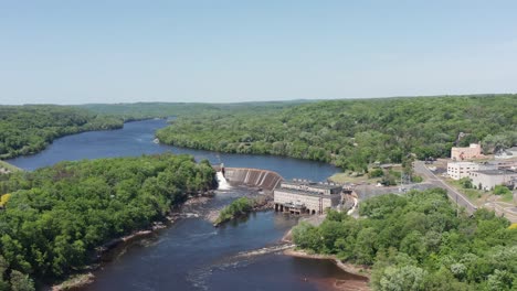 super wide aerial descending shot of saint croix falls, wisconsin