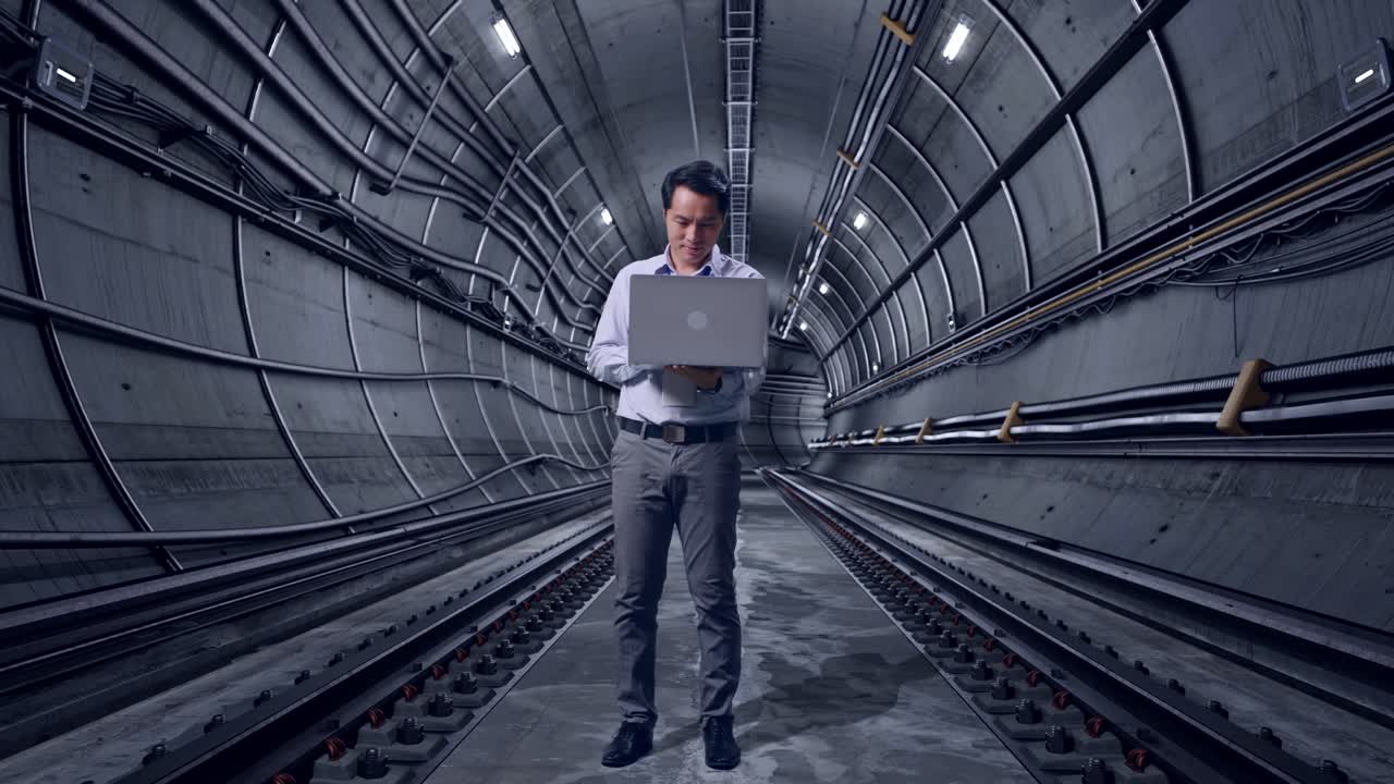 Full Body Of An Asian Male Professional Worker Standing With His Laptop In Underground Subway Tunnel, Working Continuously