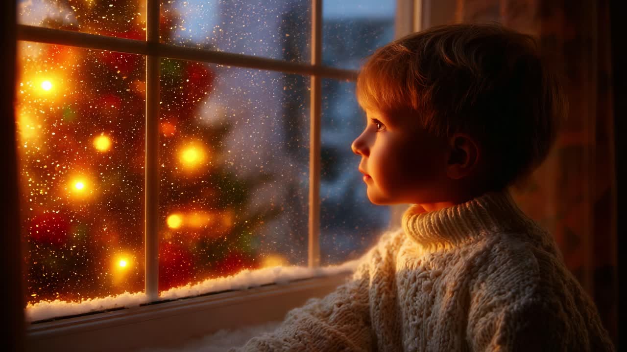 A Child's Enchanting Christmas Eve: Gazing Through Frosted Glass at a Beautifully Lit Tree, Captivated by the Glow of Holiday Cheer and Wonder in a Warm Cozy Setting