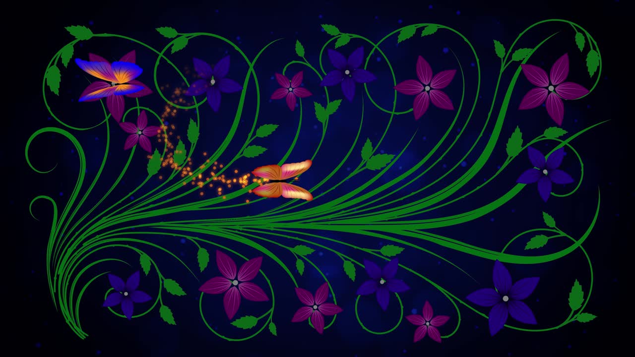 Shiny Particles Butterflies Fly And Perch On Vines Flourishes With Alpha Matte Last 15 Seconds Seamless Loop