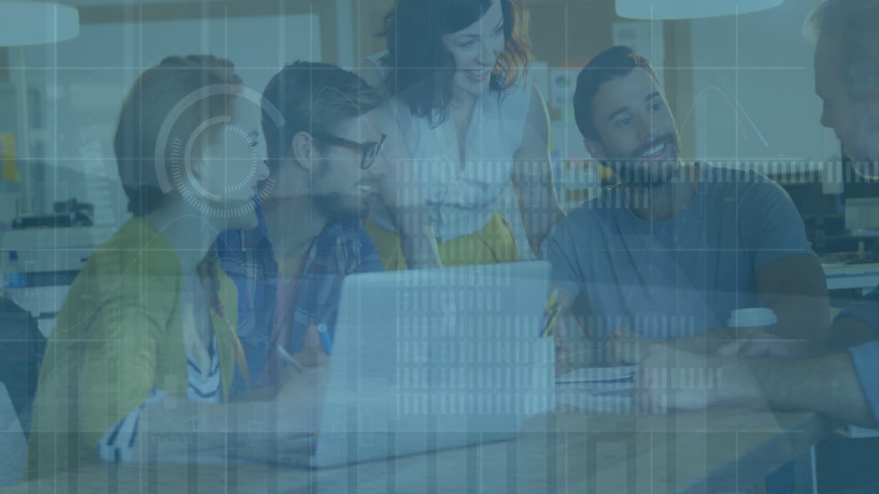 Animation of interface with data processing over diverse colleagues discussing together at office