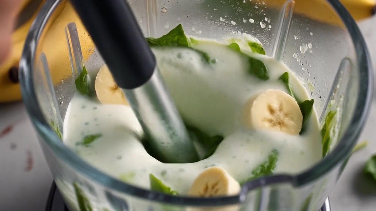 Latte versato nel frullatore con spinaci e fette di banana