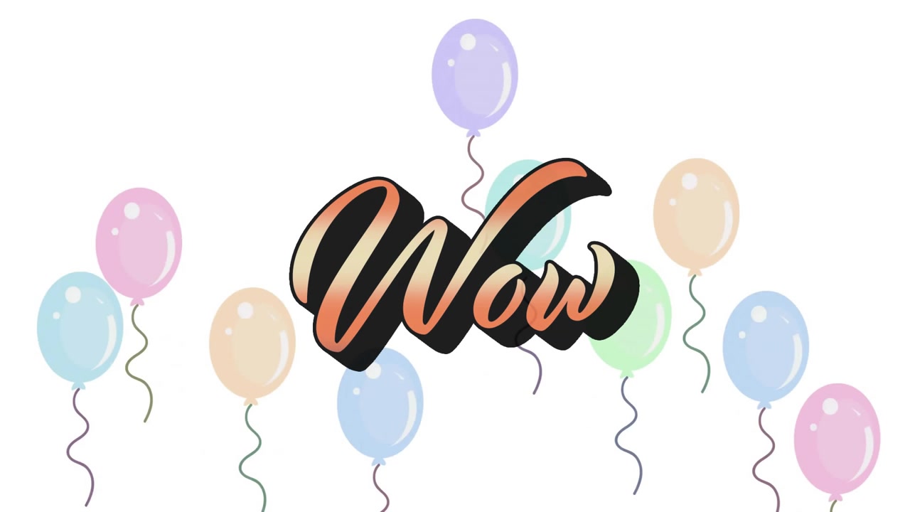 Palloncino viola che sale dietro Wow, palloncini pastello che appaiono e si disperdono per una celebrazione.