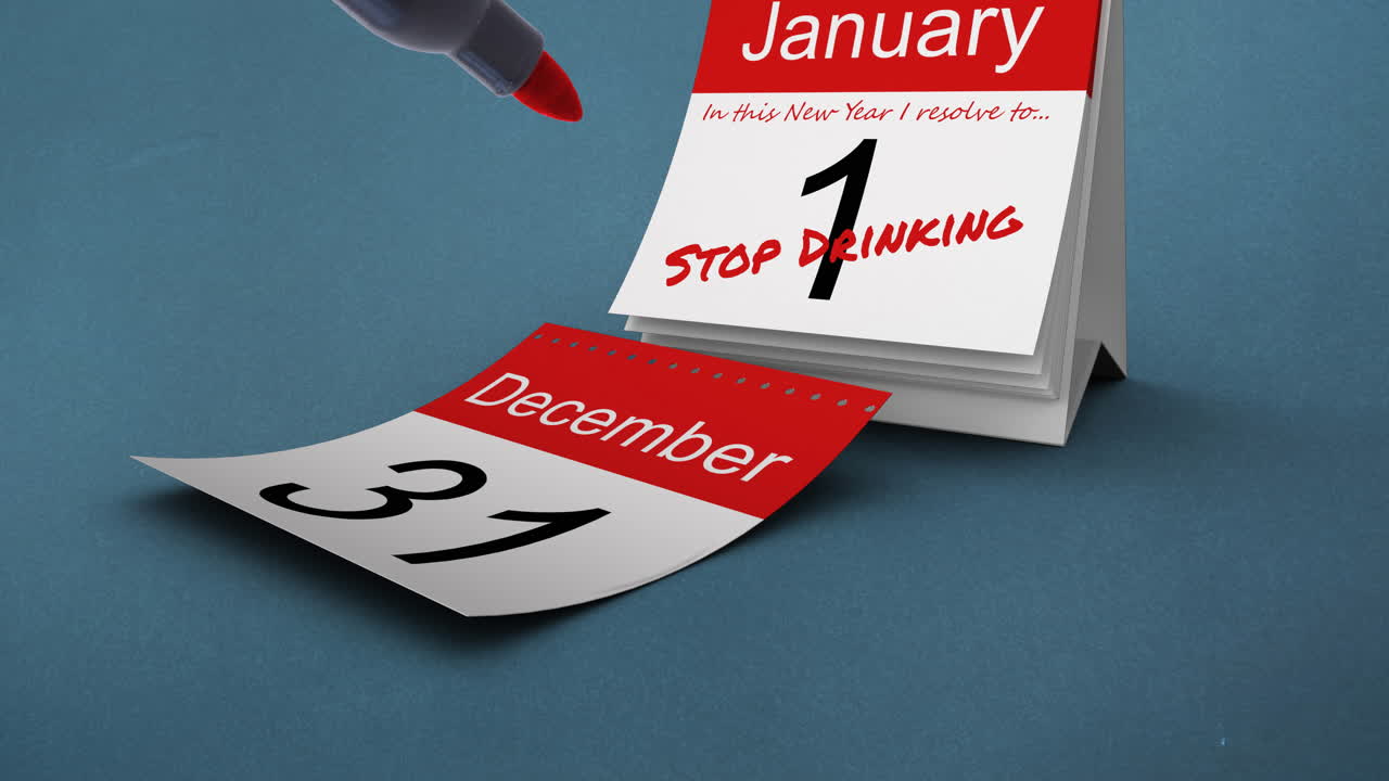 Animation of red pen and stop drinking text in red on january 1st of daily calendar