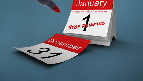 animation of red pen and stop drinking text in red on january 1st of daily calendar