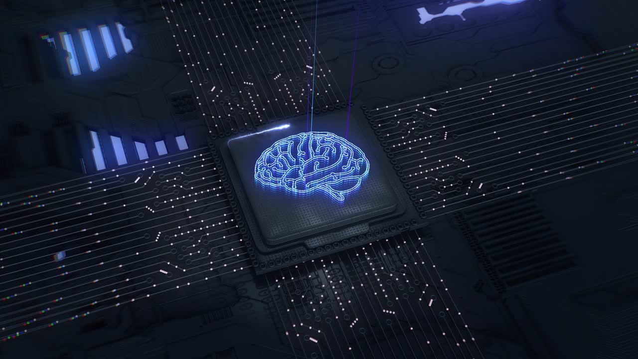 Artificial intelligence.Futuristic text animation with digital brain.Advanced Technology Concept Visualization: Circuit Board CPU Processor Microchip Starting Artificial Intelligence Digitalization of Neural Networking and Cloud Computing data.