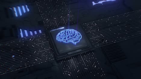 intelligenza artificiale. animazione di testo futuristica con cervello digitale. visualizzazione del concetto di tecnologia avanzata: scheda di circuito cpu processore microchip avviando l'intelligenza artificiale digitalizzazione di reti neurali e dati di cloud computing.