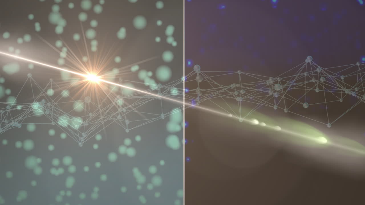 Creating animation of glowing particles and network connections in digital landscape