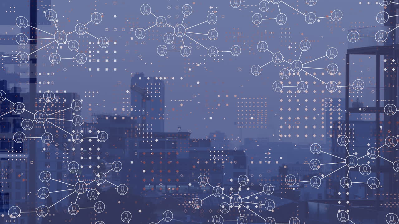 Animation of network of profile icons and dots pattern against aerial view of cityscape