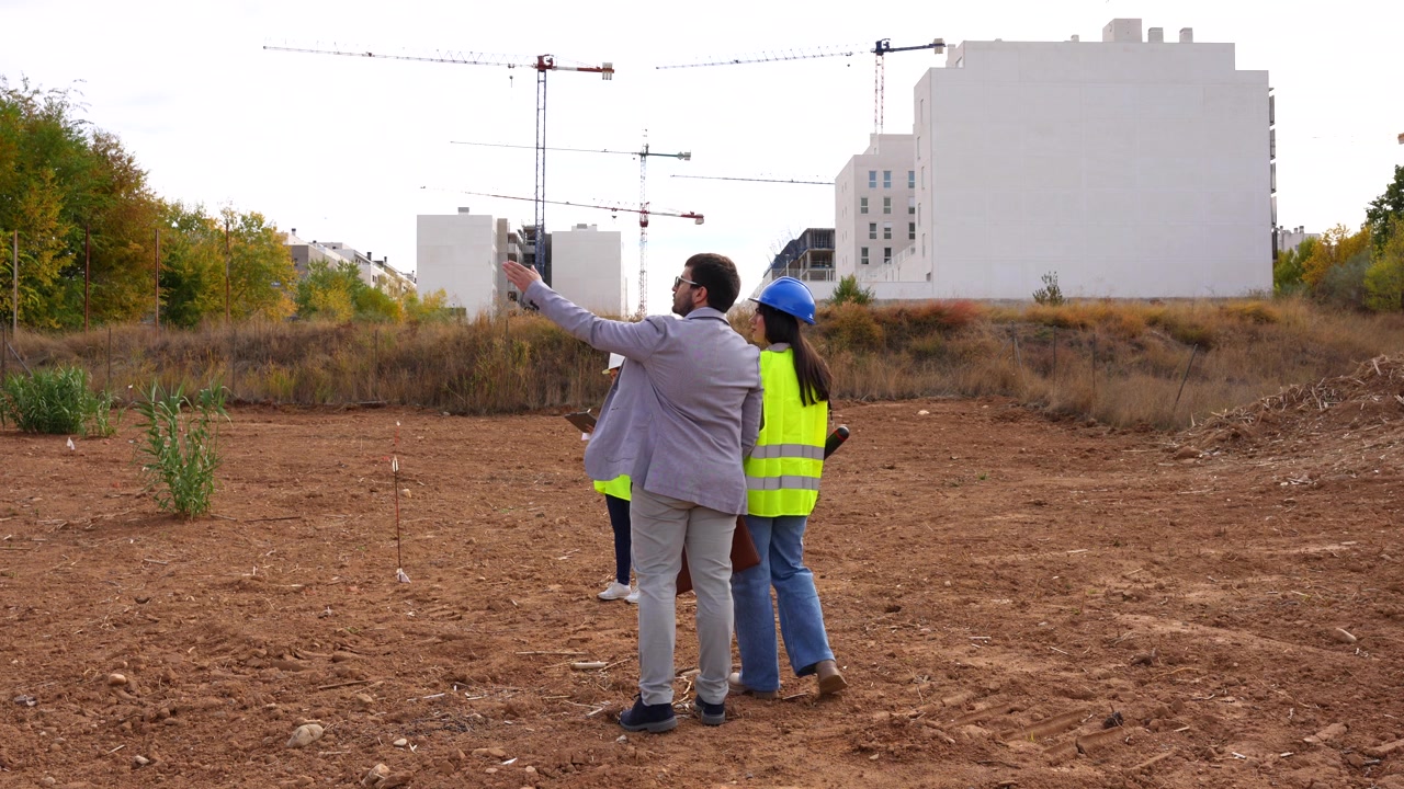 Investor and architect walking towards a surveyor on a construction site for a new building project