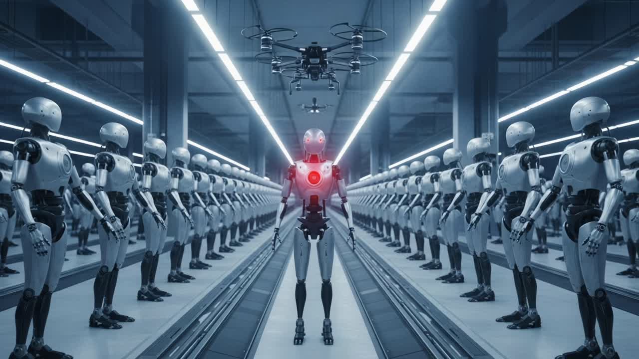 A Futuristic Lineup of Autonomous Robots: A Dramatic Contrast Between the Central Model and Surrounding Droids In a High-Tech Environment