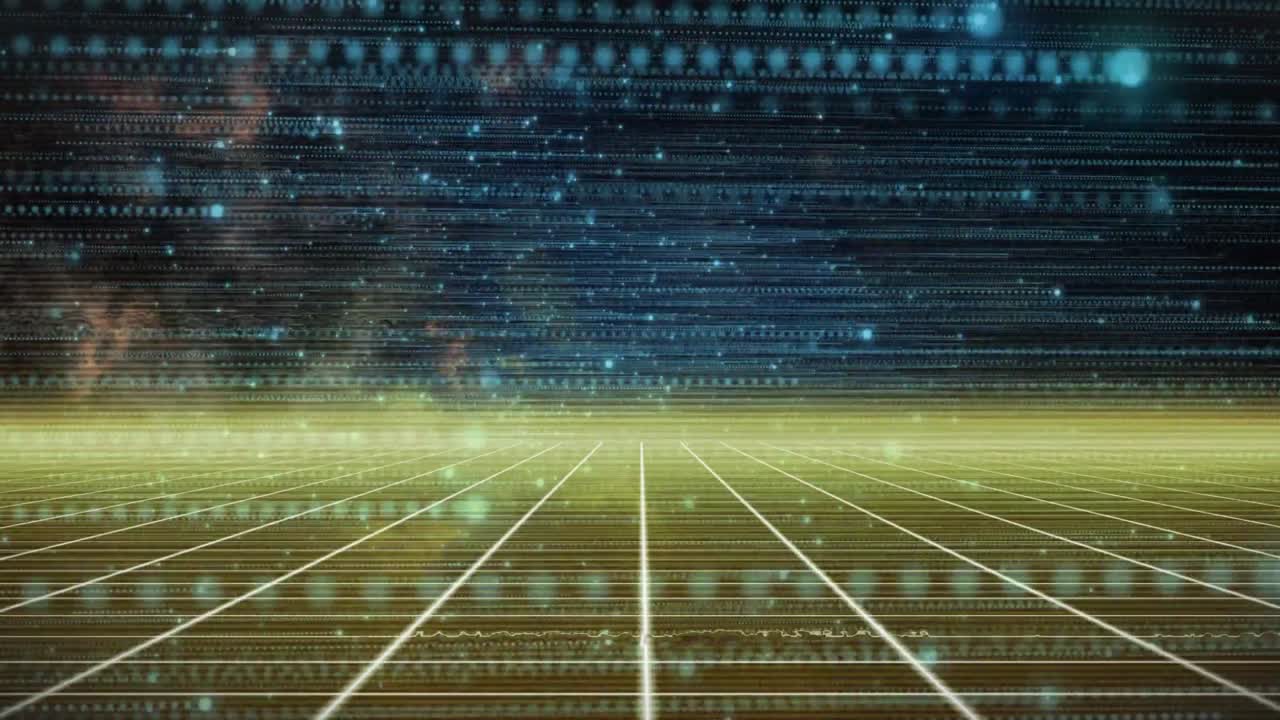 Opening grid plane centering on pulsing horizon glow as particles drifting and data lines scrolling
