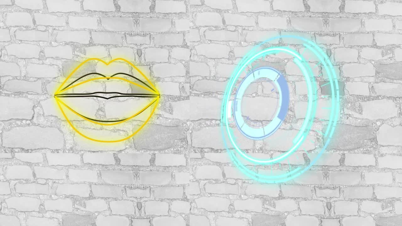 animación de escaneo de alcance y labios de neón en fondo de ladrillo
