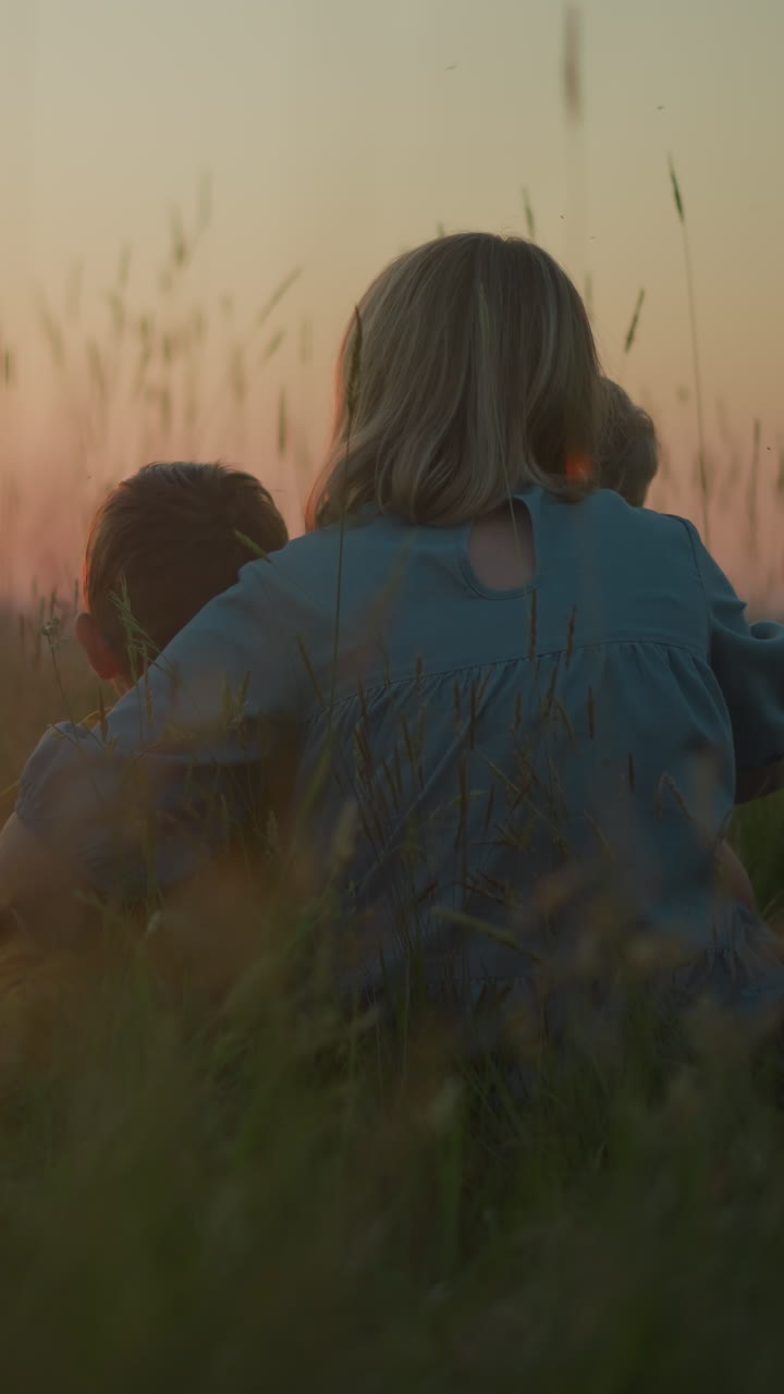 푸른 옷을 입은 어머니가 에 두 어린 아이와 함께 들판에 앉아 있으며, 그들은 모두 높은 풀로 둘러싸인 조용한 호수 위에서 조용한 해가 지는 것을 지켜보고 있습니다.