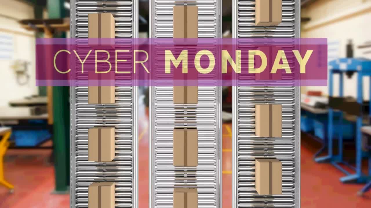 Animation of cyber monday text over cardboard boxes on conveyor belts
