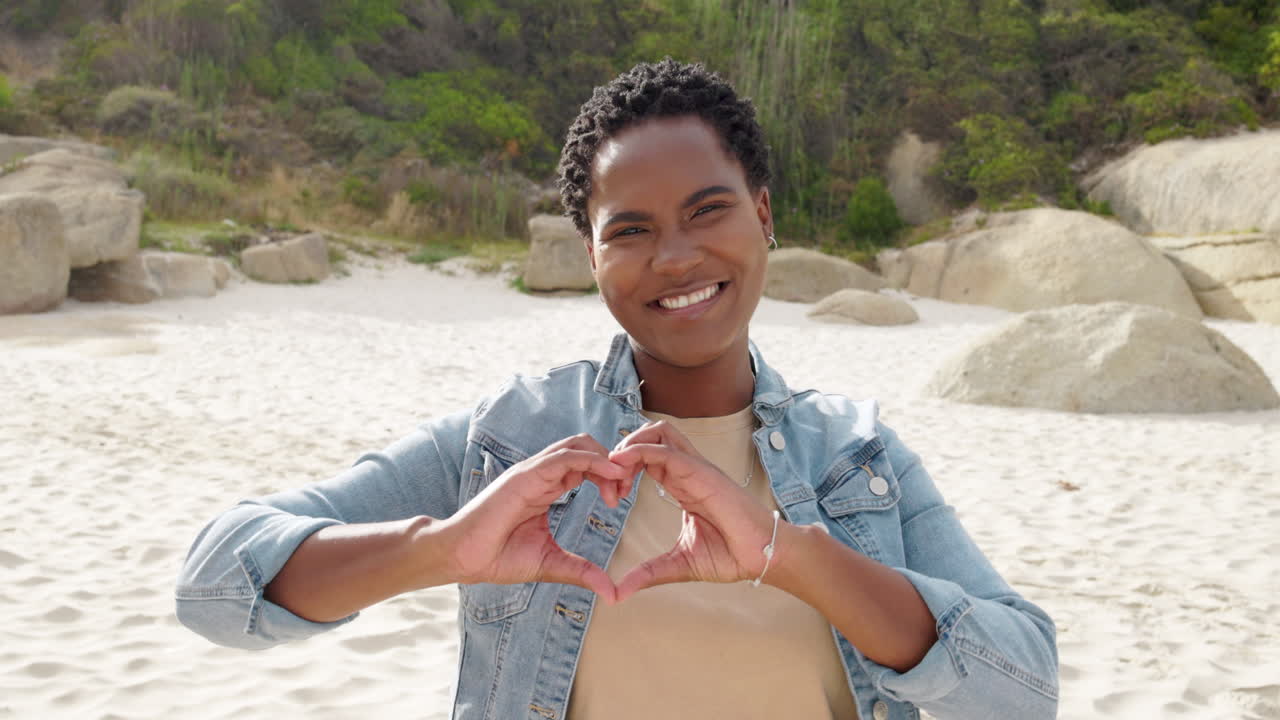 Face, heart sign and woman on beach