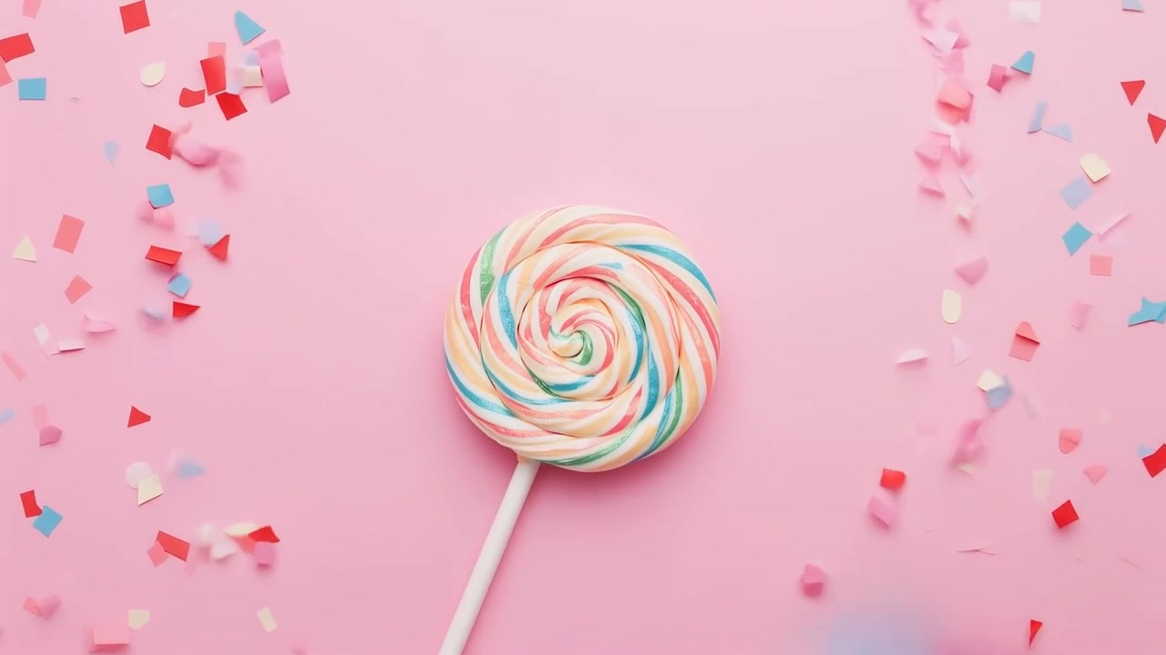 Coriandoli che cadono circondano un lecca-lecca su un set rosa, l'inquadratura si stringe per rivelare una spirale pastello.