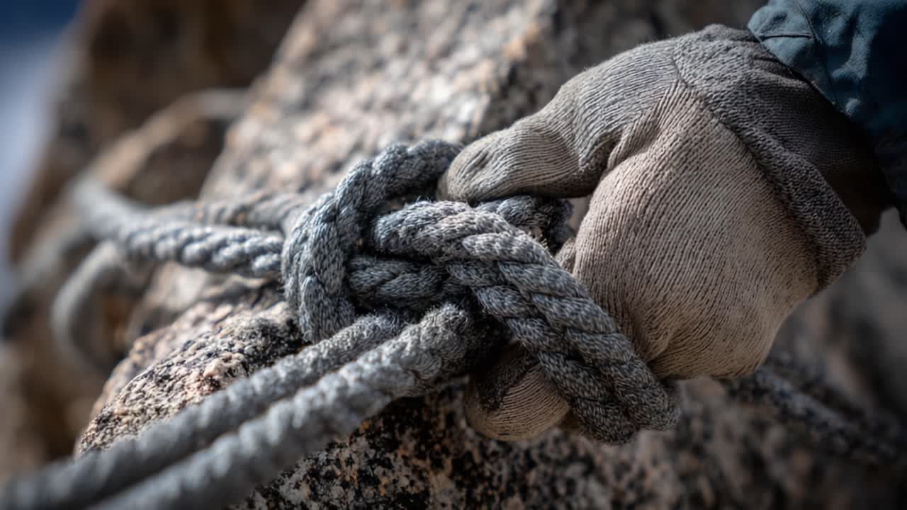 Primer plano detallado de una mano que ata un nudo seguro con una cuerda gruesa gris sobre una superficie de piedra texturizada, enfatizando la importancia de las técnicas de nudos adecuadas en actividades marítimas y al aire libre
