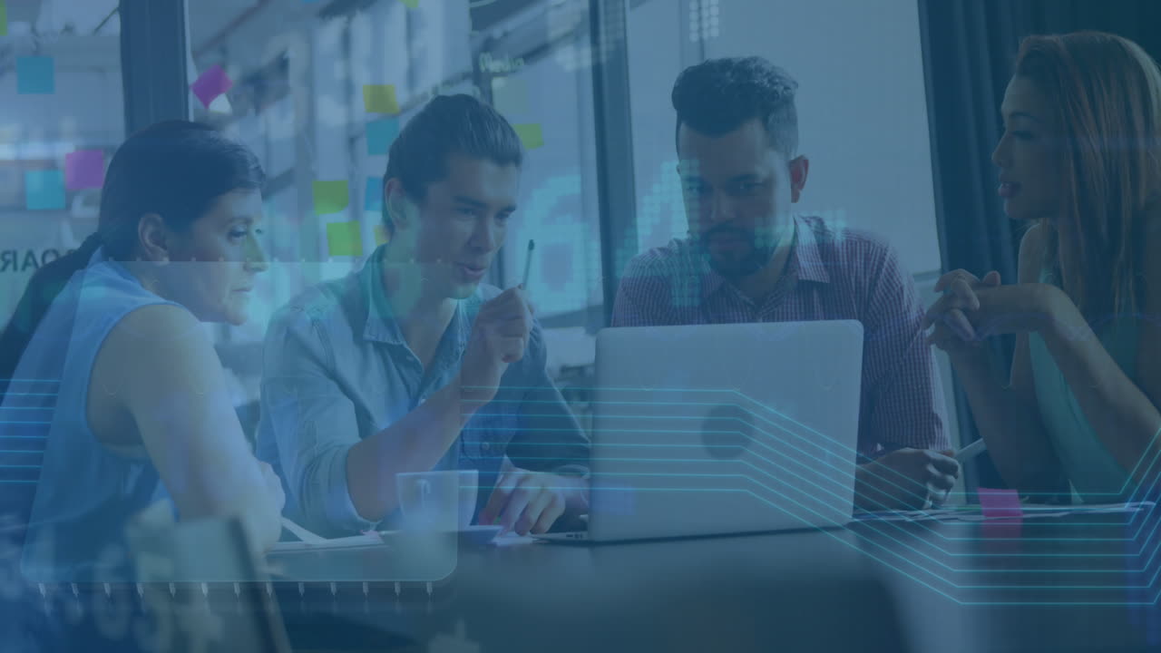 animación de la junta de negociación y líneas sobre diversos compañeros de trabajo que comparten ideas en la reunión en la oficina.