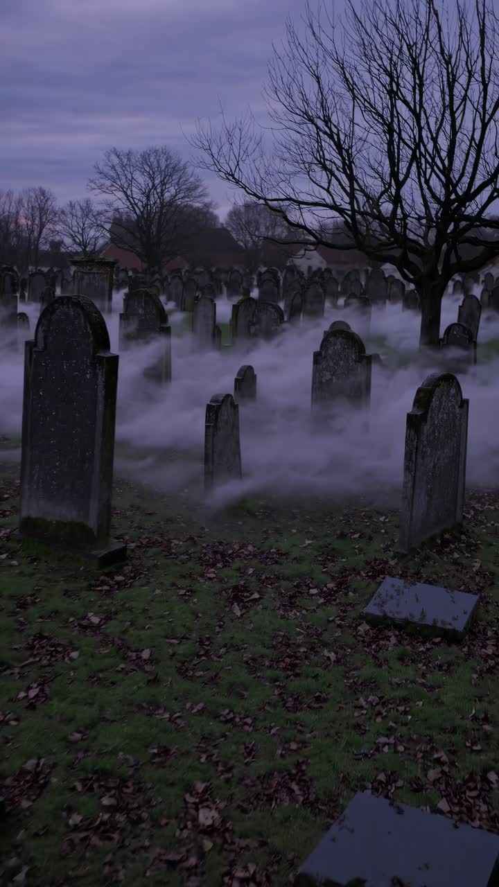 Scena spettrale di un cimitero con la nebbia che si dirada, ripresa a livello degli occhi
