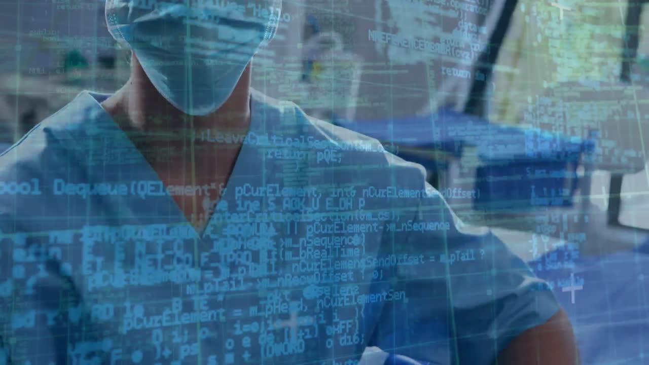 animación del procesamiento de datos sobre un cirujano caucásico con máscara facial