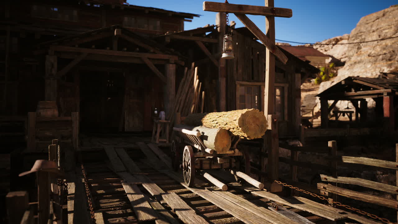 Wooden cart loaded with logs at a rustic western style lumberyard