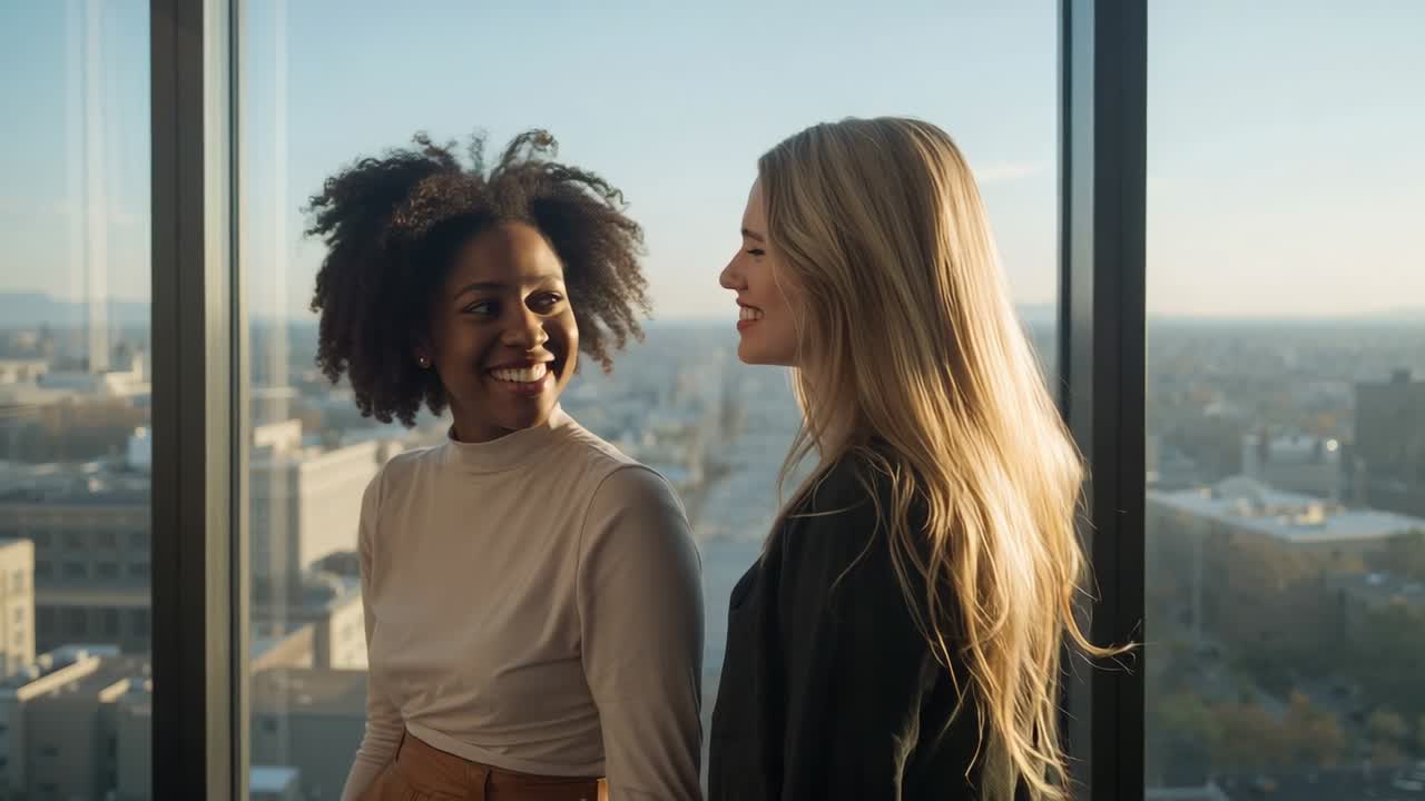 Smiling women in knotted top and jacket holding gaze, leaning sharing laughter at high-rise window