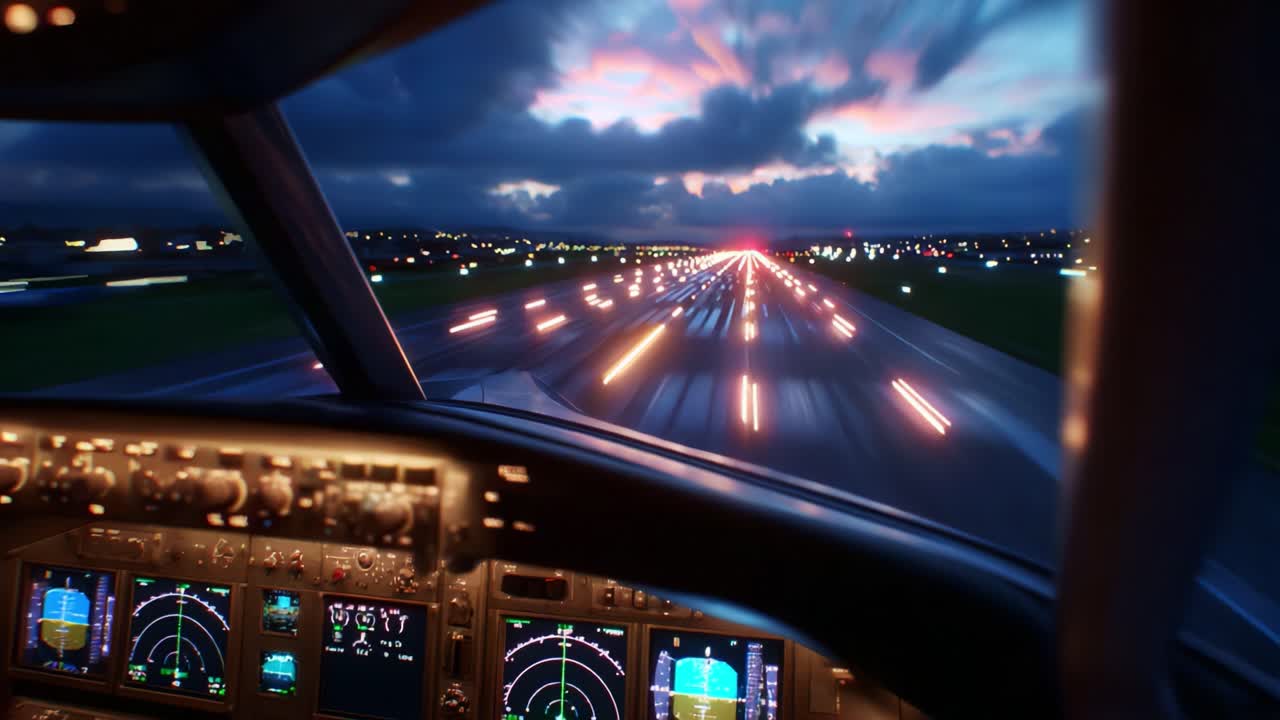 Dynamic Approach to Runway: Capturing the Essence of a Dusk Landing with Vivid Lights and Airplane Cockpit Perspective Showcasing Control Instruments in Motion and Stunning Visuals Amidst a Beautiful Sky