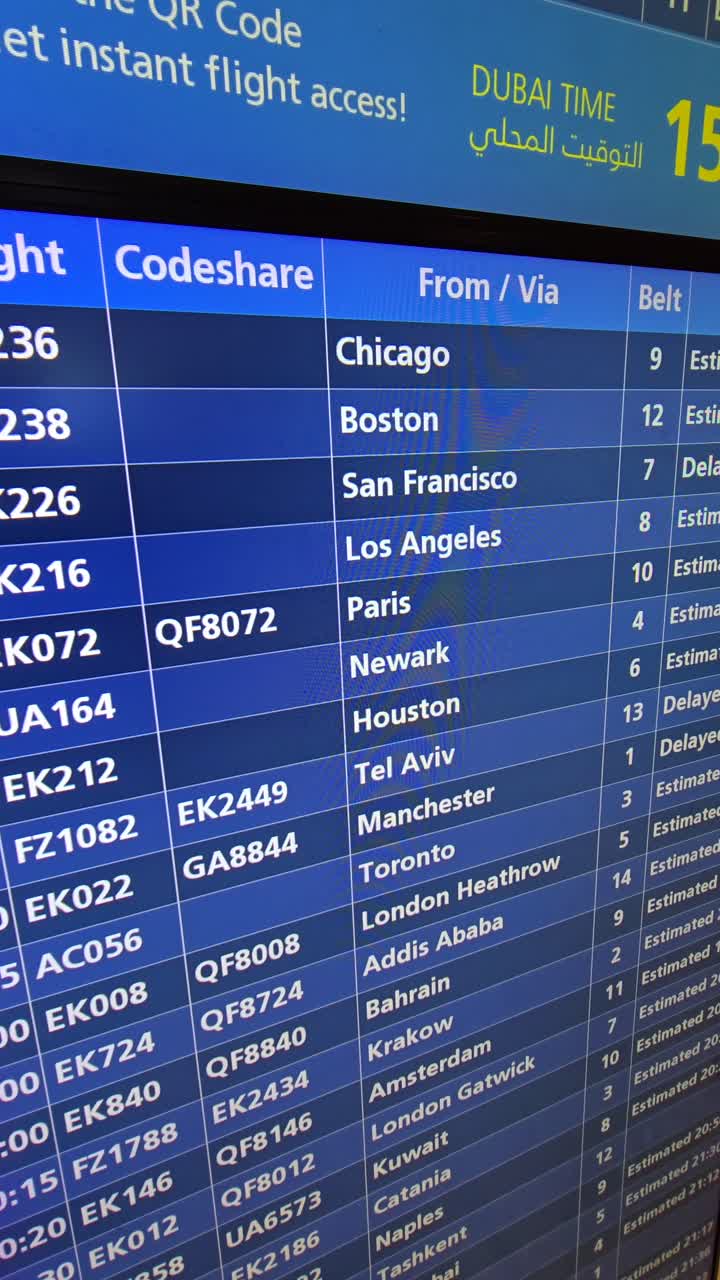 Flight information schedule screens installed at Dubai International Airport, Terminal 3, UAE.