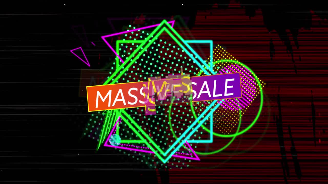 빨간색 반 ⁇ 이는 배경에 활기찬 모양에 보라색 배너 위에 대규모 판매 텍스트의 애니메이션