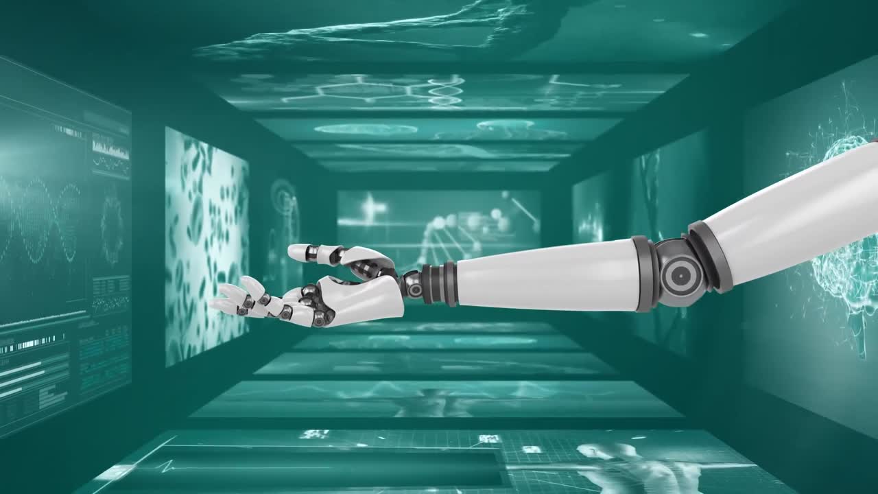 video generado digitalmente de la mano robótica y el procesamiento de datos médicos