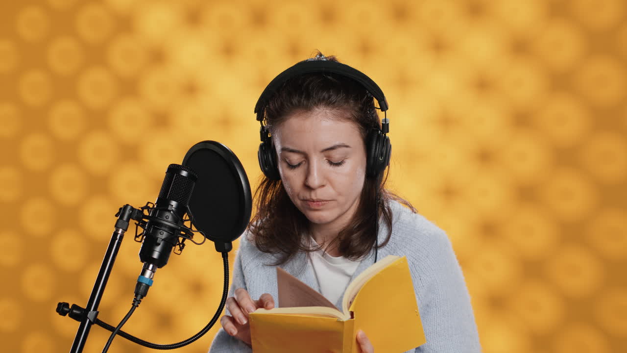 dama navegando páginas, haciendo voz en off lectura de libro para producir audiolibro