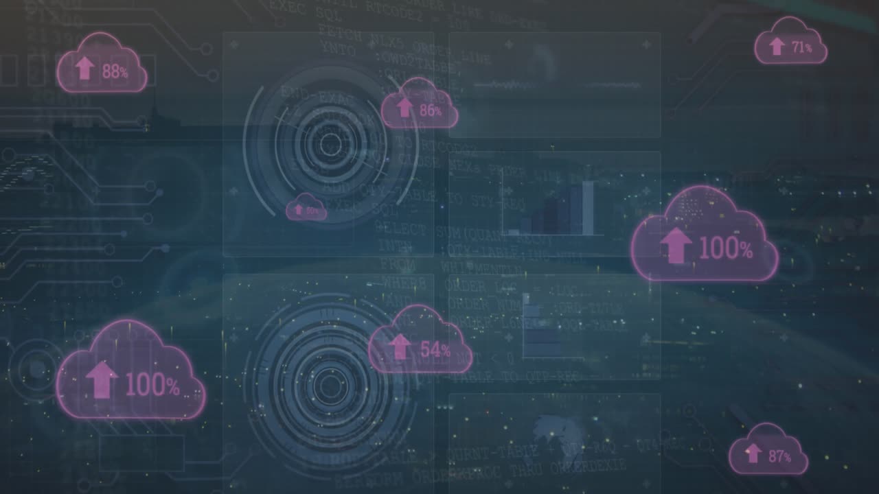Animation of changing numbers with up arrow in clouds, circles, globe, graph on abstract background