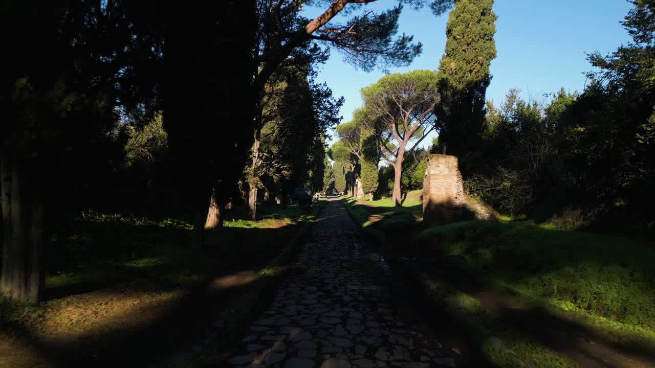 Carrellata in avanti sopra la Via Appia.