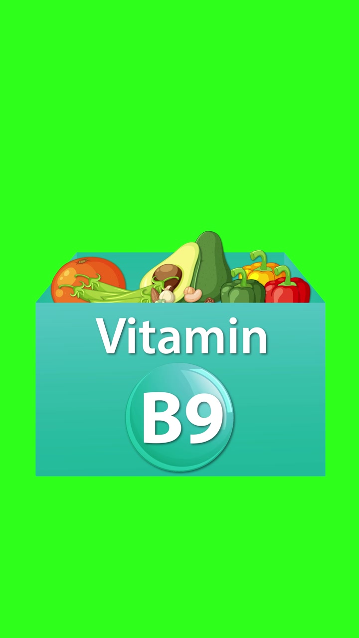 Una scatola blu di vitamina B9 si riempie di verdure a foglia verde, animazione verticale fluida, sfondo verde brillante.