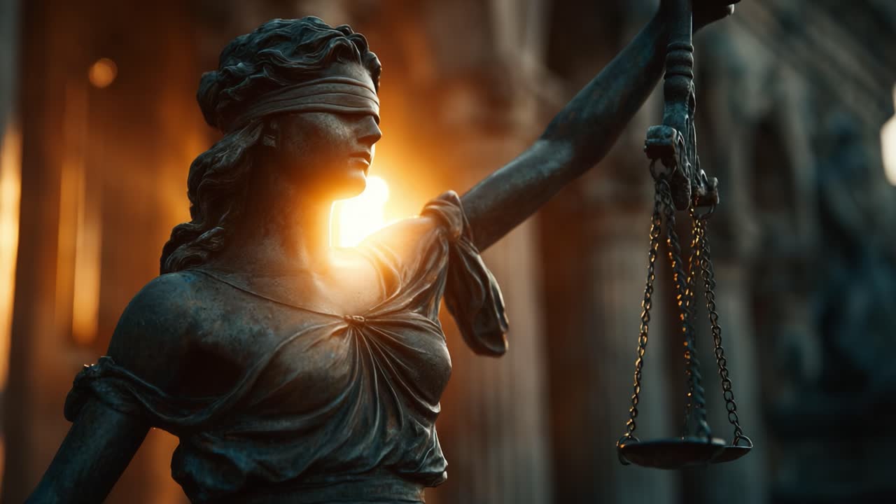 A striking representation of justice, featuring a blindfolded statue of Lady Justice holding scales, illuminated by the warm glow of sunset, symbolizing fairness and balance