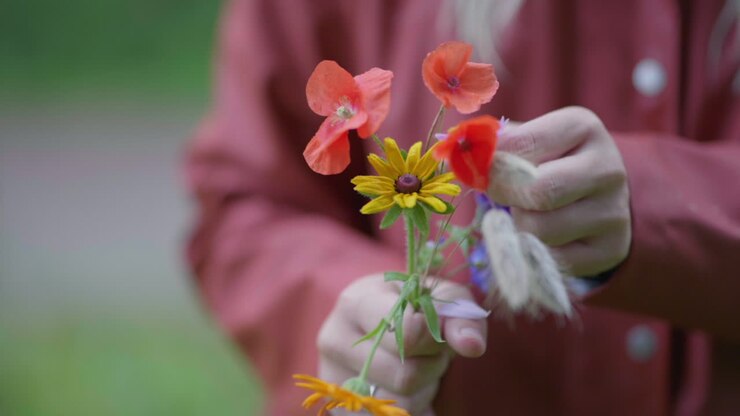 Kvinne holder en bukett med vakre blomster og vilt gress mens hun plukker kronbladene ett etter ett i en park i Nederland