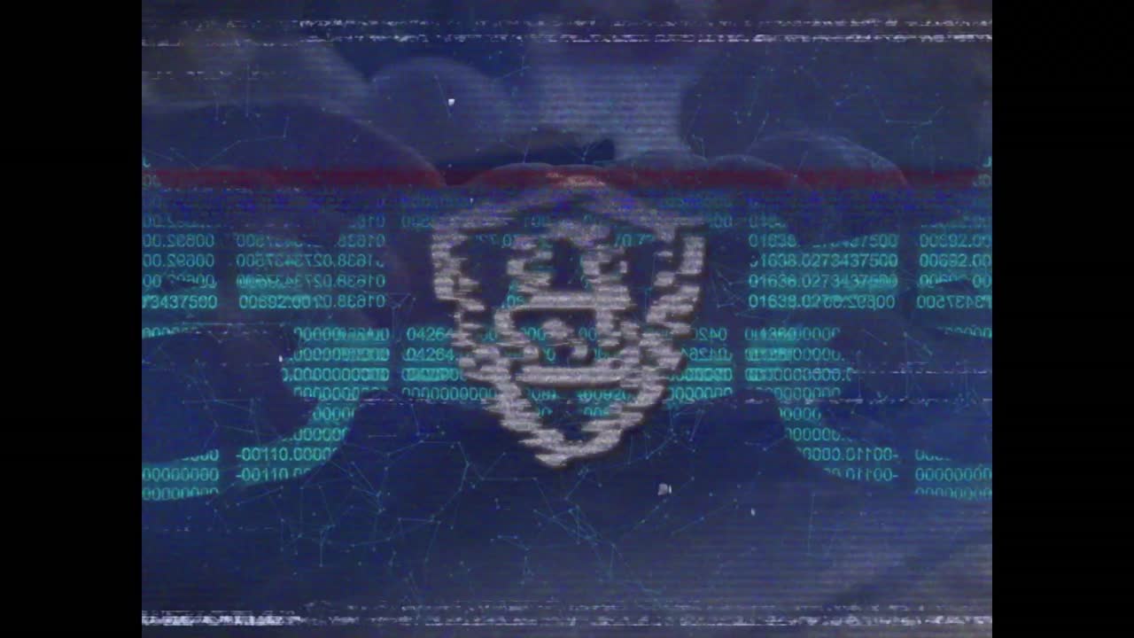 Animation of video tape with glitch over block chain and digital padlock