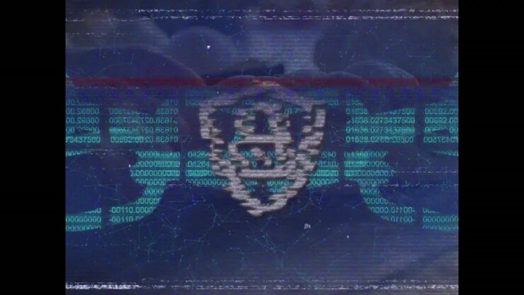 Animation of video tape with glitch over block chain and digital padlock