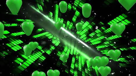 Animation-of-green-hearts-over-confetti-and-moving-columns-on-black-background