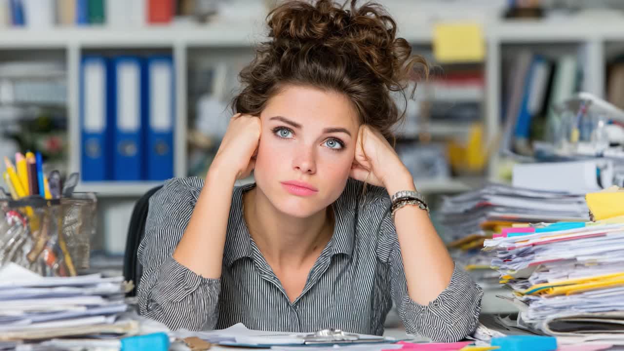 A Frustrated Woman Surrounded by Chaos: Battling Overwhelming Paperwork at Her Desk Amidst Stacks of Unorganized Documents and a Sense of Exhaustion