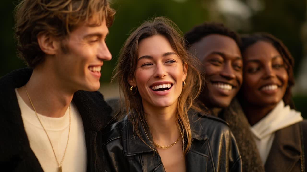 A Joyful Gathering of Friends Sharing Laughter and Smiles in a Serene Outdoor Setting, Capturing the Essence of Togetherness and Bonding Moments