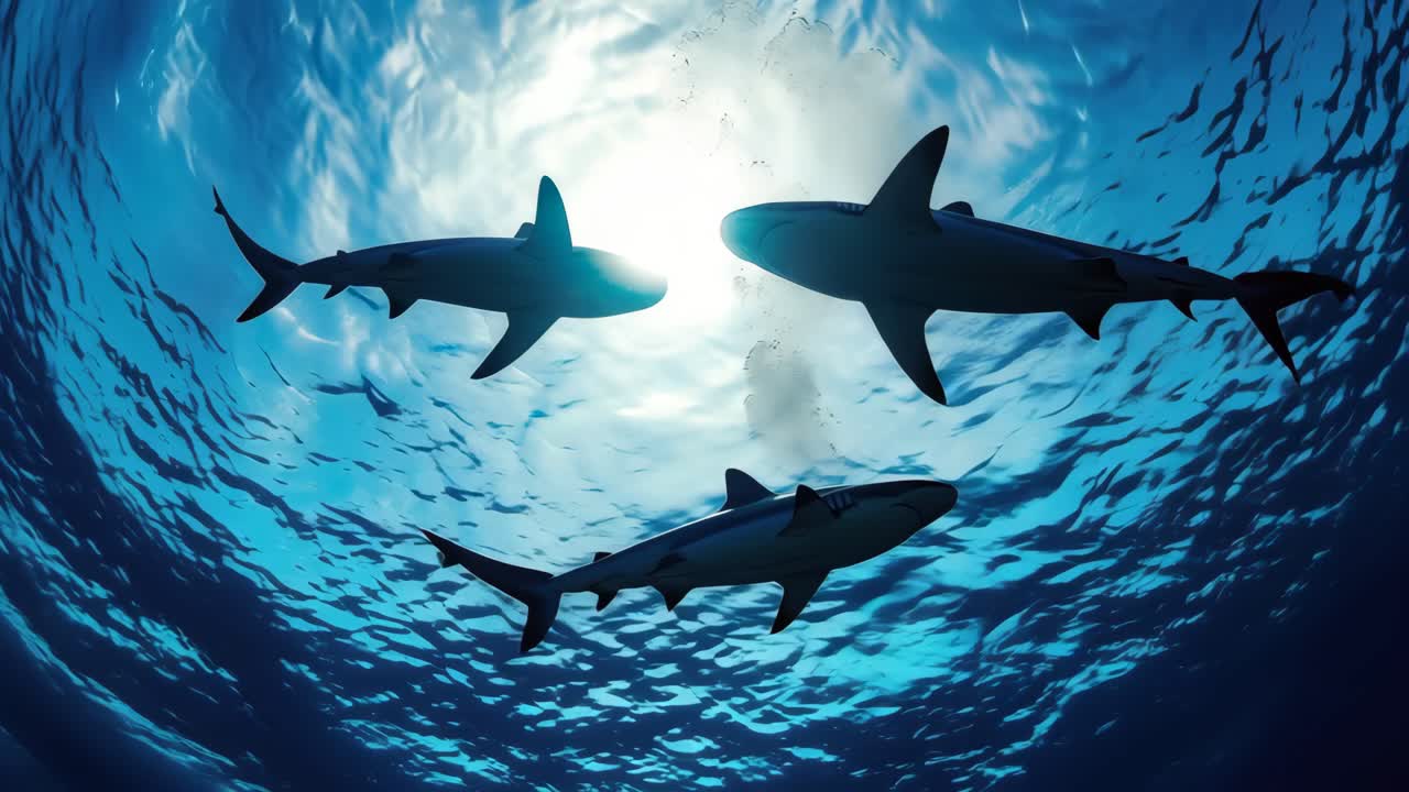 Underwater video scene with three sharks swimming. Captured from a low angle, showcasing sunlight
