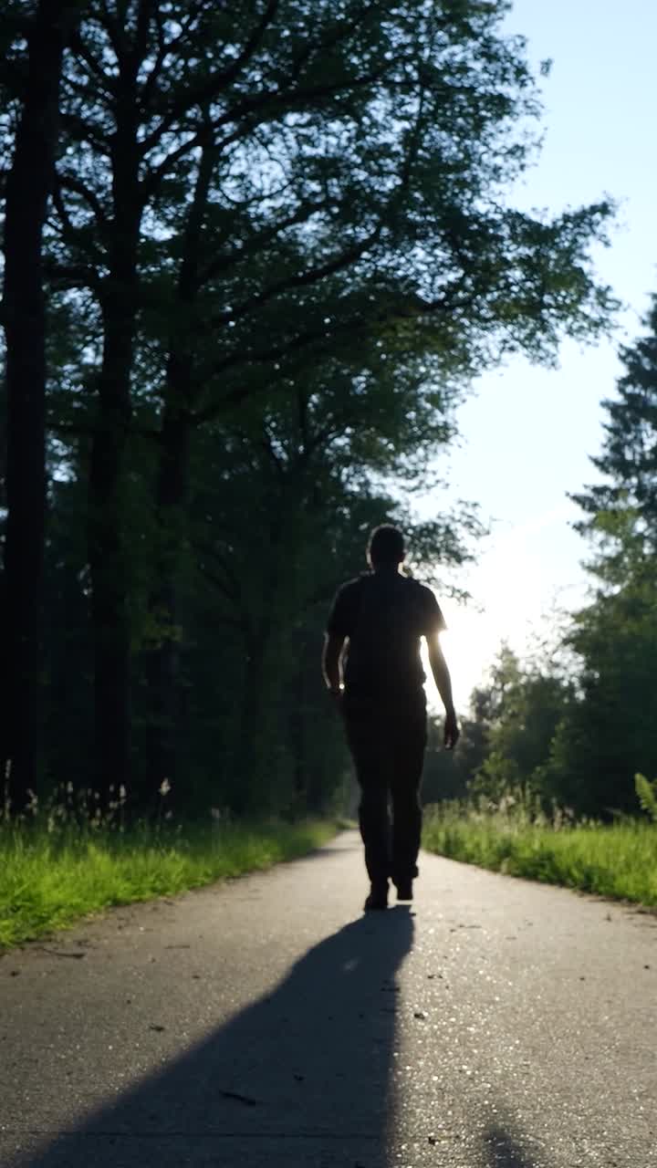 persona caminando por un camino en un bosque al atardecer