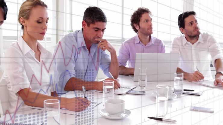 Animation of financial data processing over diverse business people