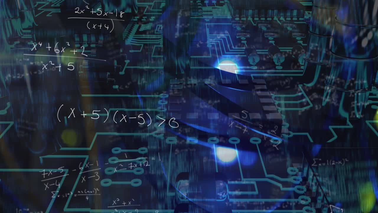 Animation of math formulas and graphs over motherboard