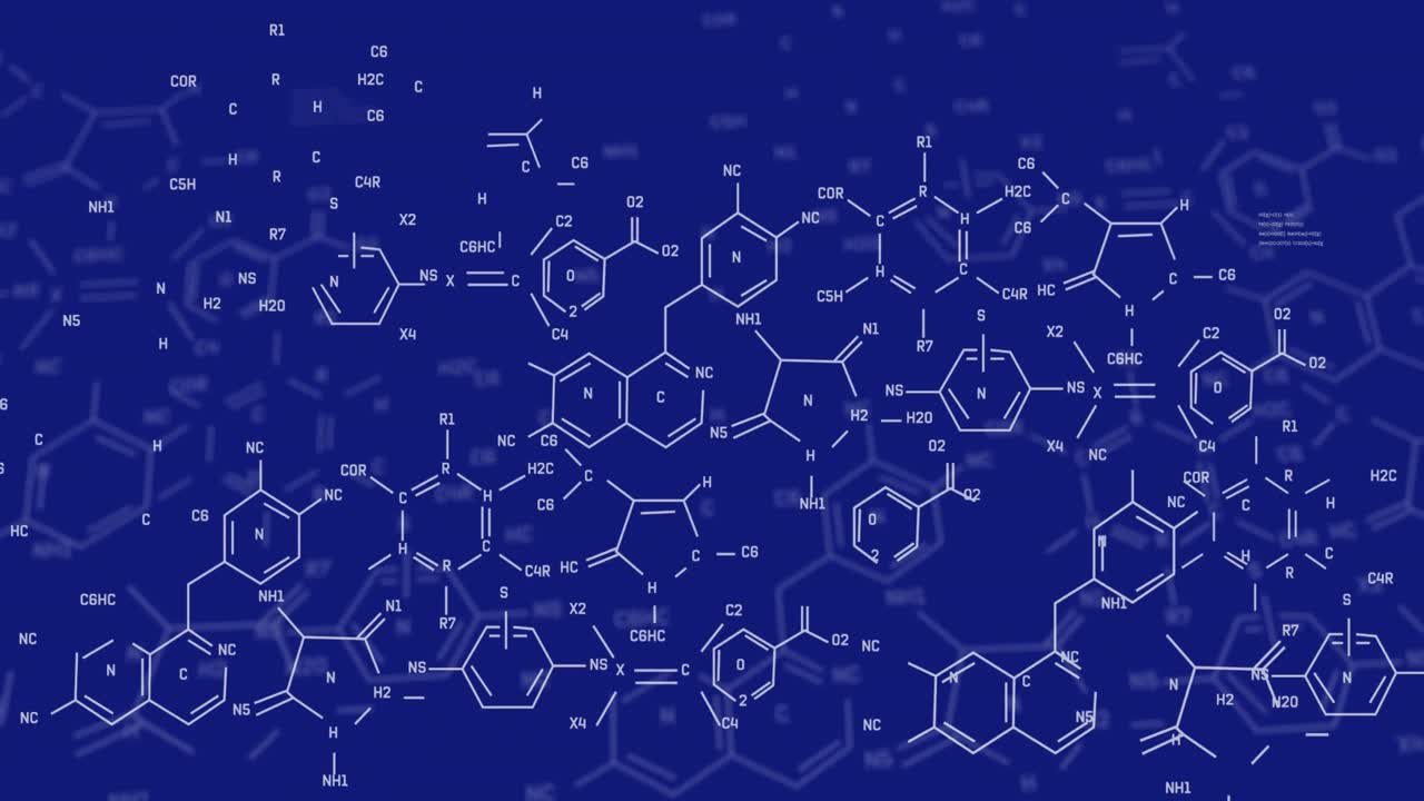 Animation of chemical structures and data processing against blue background