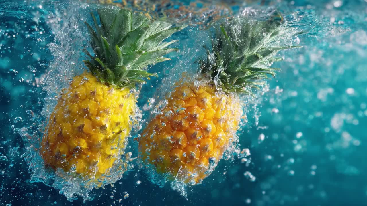 A Vibrant Splash: Two Fresh Pineapples Dive into Crystal-Clear Water, Creating Dynamic Bubbles and Captivating Visuals in a Tropical Underwater Scene