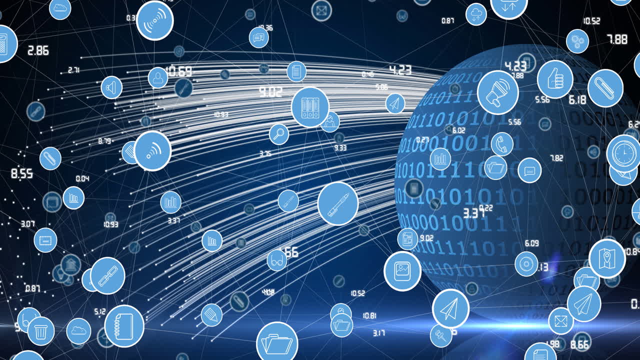 Animation of network of connections with digital icons over globe in background